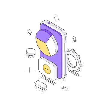 Isometric vector illustration of mobile analytics. A smartphone with a pie ch Stock Illustration