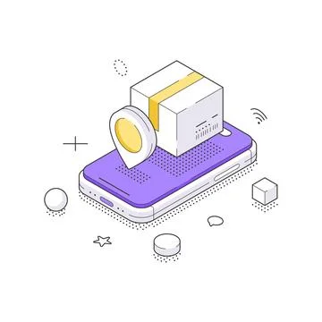 Isometric vector illustration of a mobile application for package delivery tr Stock Illustration