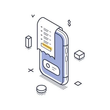 Isometric vector illustration of mobile banking. A smartphone displays a digi Illustrazione stock