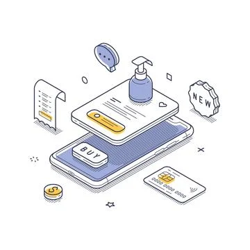 Isometric vector illustration of mobile commerce. Online shopping concept wit Stock-Illustration
