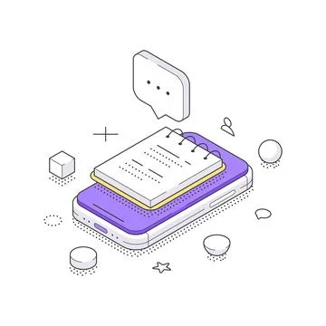 Isometric vector illustration of a mobile office. A smartphone with a digital Stock Illustration