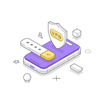 Isometric vector illustration of mobile security. A smartphone with a VPN shi Stock Illustration