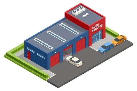 Isometric vector illustration of a modern auto service center with red and blue Illustrazione stock