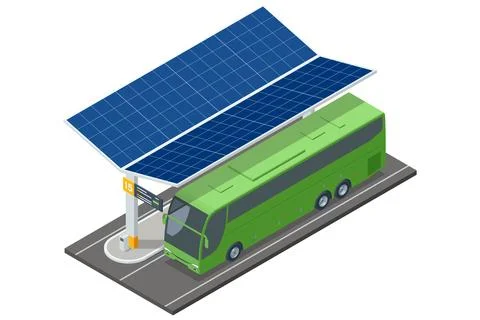 Isometric vector illustration of a modern bus charging station with solar panels Stock Illustration