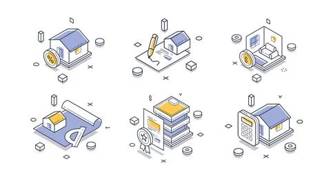 Isometric vector illustration for mortgage and real estate. Icons for propert Stock Illustration