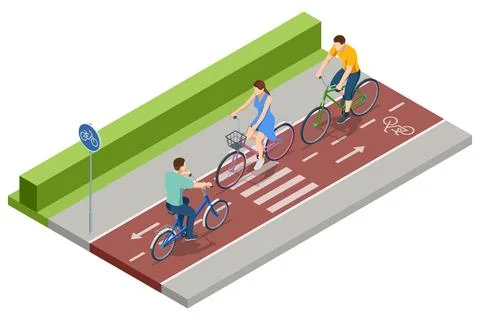 An isometric, vector illustration of multiple cyclists using a dedicated bicycle Stock Illustration