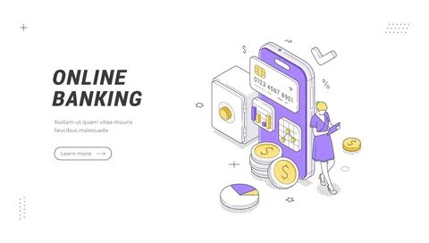 Isometric vector illustration of online banking services. A digital finance a Ilustración de archivo