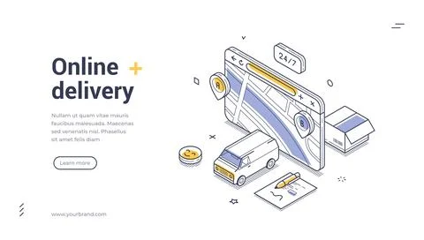 Isometric vector illustration of online delivery service. Concept of fast shi 库存插图