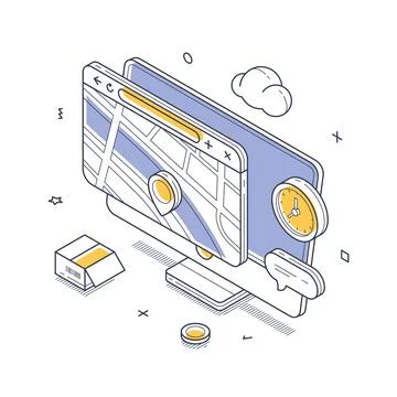 Isometric vector illustration of online parcel tracking service. Computer scr Stock Illustration