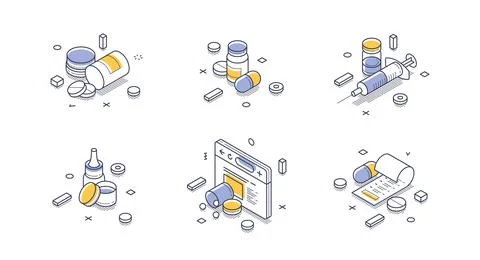 Isometric vector illustration for online pharmacy and healthcare. Medical ico Illustrazione stock