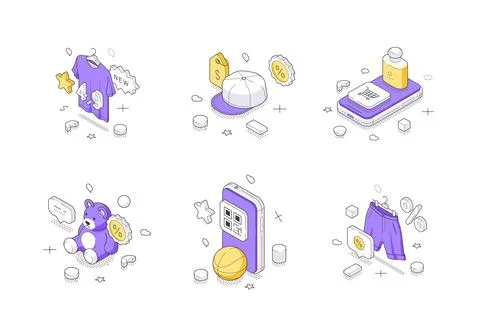 Isometric vector illustration of online shopping icons. Collection for e-comm Stock Illustration