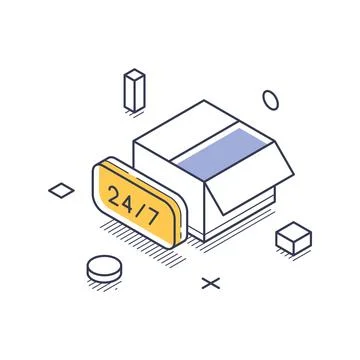 Isometric vector illustration of an open box with a 24 7 sign. Represents non Stock Illustration