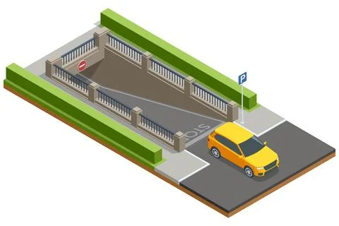 Isometric vector illustration of a parking ramp leading to an underground Illustrazione stock