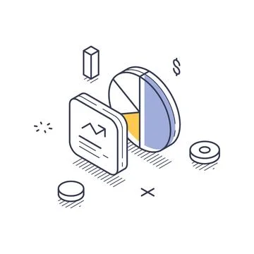 Isometric vector illustration with pie chart and graph for financial data vis Stock Illustration