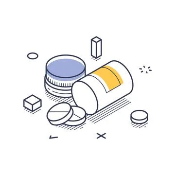 Isometric vector illustration of a pill bottle with scattered tablets. Repres Stock Illustration