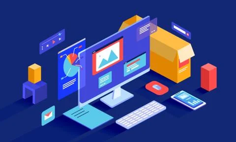Isometric vector illustration presenting data analysis, management, internet Stock Illustration