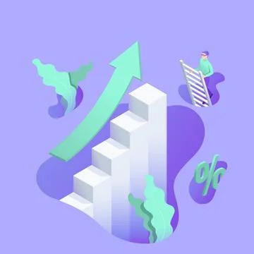 Isometric vector illustration on purple background, rising chart with green a Stock Illustration