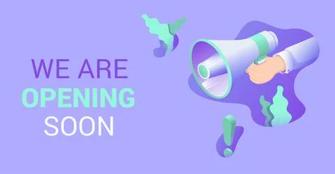 Isometric vector illustration on purple background, loudspeaker in hand and t Stock Illustration