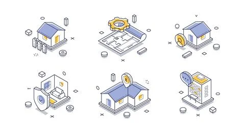 Isometric vector illustration for real estate and property services. Icons fo Stock Illustration