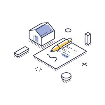 Isometric vector illustration of a real estate deal. A pen signs a contract f Stock Illustration
