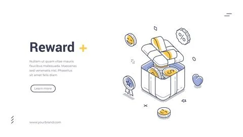 Isometric vector illustration of a reward gift box with coins. Financial bonu Stock Illustration
