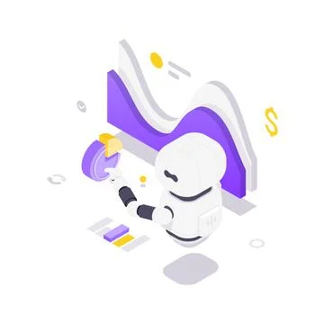 Isometric vector illustration of a robot analyzing financial data. Represents Stock Illustration