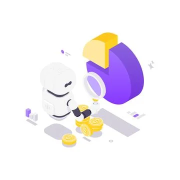 Isometric vector illustration of a robot analyzing financial data. Represents Illustrazione stock