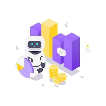 Isometric vector illustration of a robot with financial charts. Represents bu Stock Illustration