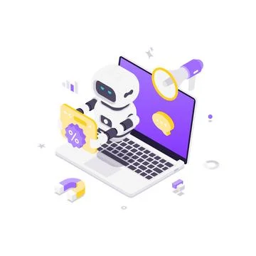 Isometric vector illustration of a robot managing a digital marketing campaig Stock Illustration
