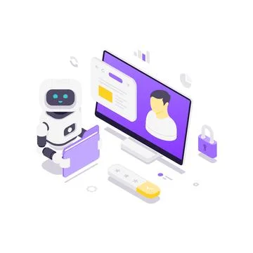 Isometric vector illustration of a robot managing user authentication. Repres 库存插图