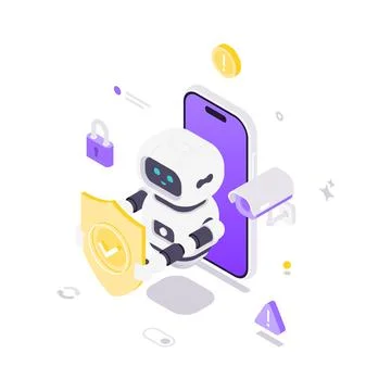 Isometric vector illustration of a robot with a shield for mobile security. C Stock Illustration
