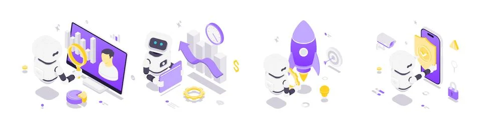 Isometric vector illustration of robots using artificial intelligence for bus Illustrazione stock