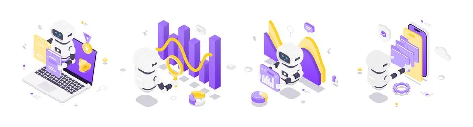 Isometric vector illustration of robots using artificial intelligence for dat Stockillustratie