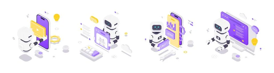 Isometric vector illustration of robots using artificial intelligence for vid Stock Illustration
