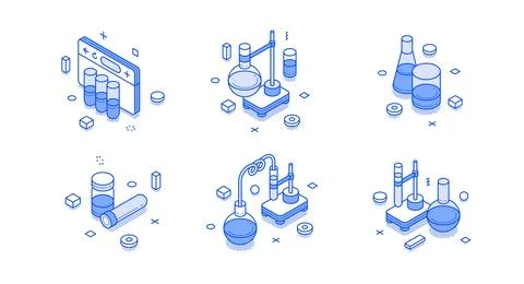 Isometric vector illustration of science lab icons. Chemical glassware set wi Stock Illustration