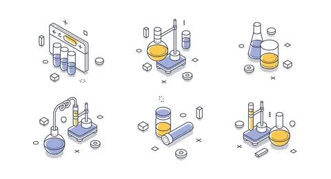 Isometric vector illustration for a science laboratory. Icons feature flasks  Stock Illustration
