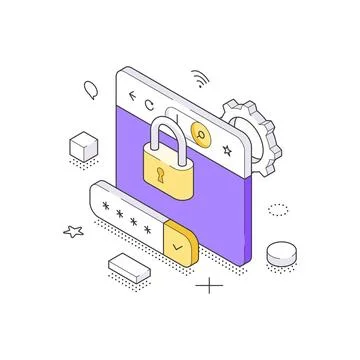 Isometric vector illustration of secure login. A smartphone with a password f Stock Illustration