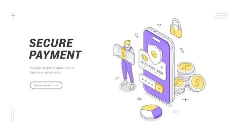 Isometric vector illustration of a secure payment method. Mobile banking and  Stock Illustration