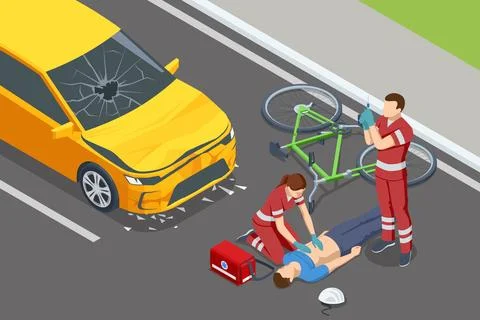 An isometric, vector illustration of a serious accident between a bicycle and a イラスト素材
