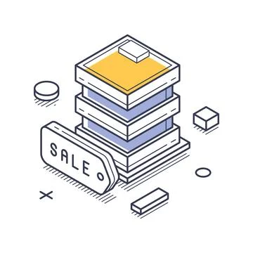 Isometric vector illustration of a server rack with a sale tag. A discount on Stock Illustration