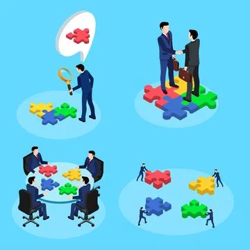 Isometric vector illustration set of business people and puzzles on a blue ba Ilustración de archivo