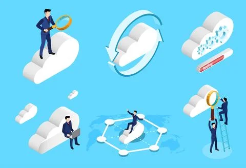 Isometric vector illustration set of business men and a cloud on a blue backg Illustrazione stock
