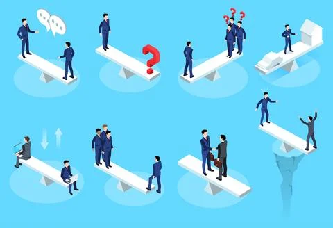 Isometric vector illustration set of business men on a balance board on a blu 库存插图