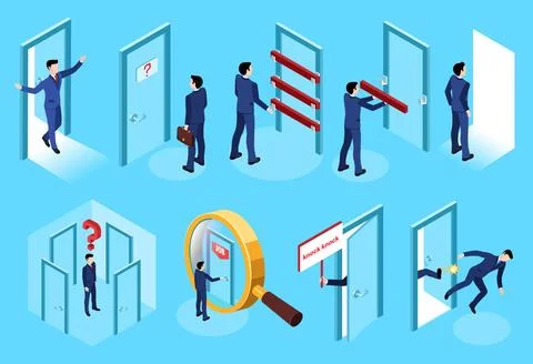 Isometric vector illustration set of a businessman and doors on a blue backgr Stock Illustration