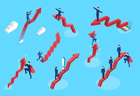 Isometric vector illustration set with a businessman and a growing red arrow  Ilustración de archivo