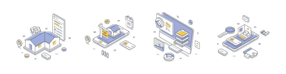 Isometric vector illustration set for digital real estate services. Concepts  Stock Illustration