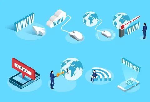 Isometric vector illustration set of internet connection on a blue background 库存插图