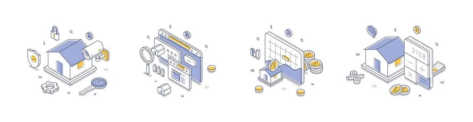 Isometric vector illustration set for property services. Concepts cover home  Stock Illustration