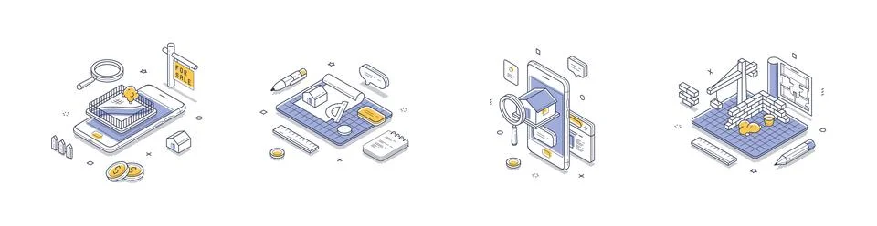 Isometric vector illustration set for real estate and construction. Digital c Illustrazione stock