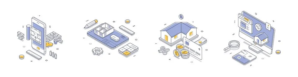 Isometric vector illustration set for real estate finance, property search, a Illustrazione stock